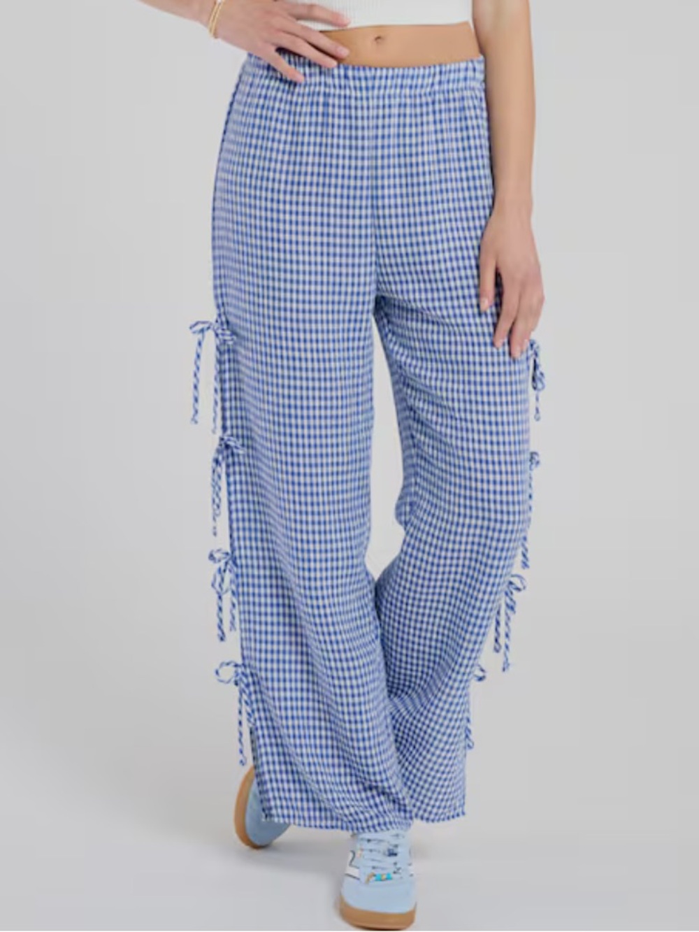 Blue & White Gingham Tie-Side Pants